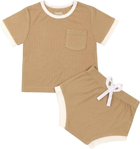 TWINOR Bamboo Ribbed Baby Summer Outfits Toddler Boy Girl T-shirt Shorts 2pcs Clothes Set in Kuwait