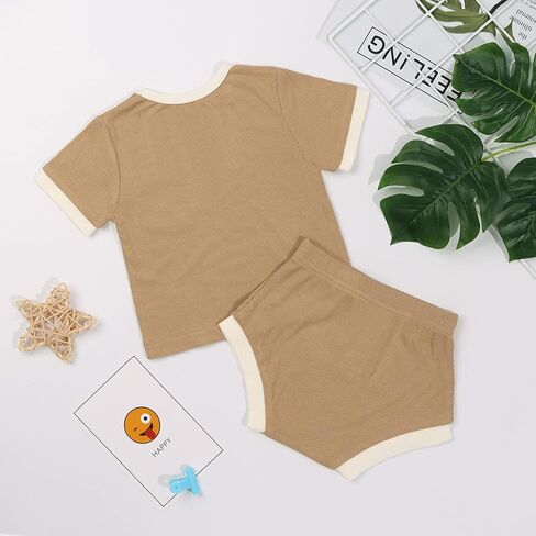 TWINOR Bamboo Ribbed Baby Summer Outfits Toddler Boy Girl T-shirt Shorts 2pcs Clothes Set in Kuwait