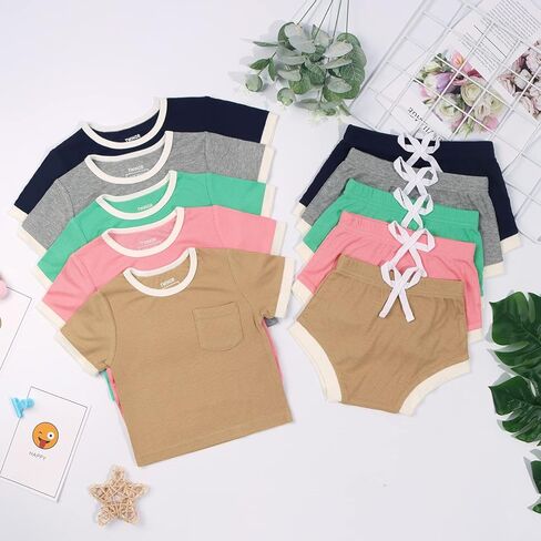 TWINOR Bamboo Ribbed Baby Summer Outfits Toddler Boy Girl T-shirt Shorts 2pcs Clothes Set in Kuwait
