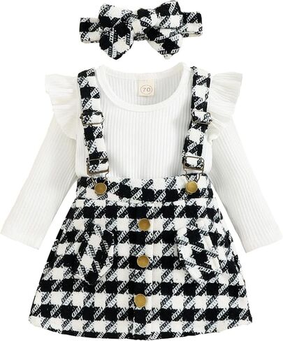 ملابس الفتيات حديثي الولادة من Zero2Seven فستان بحمالات ملابس رومبير مضلع + تنورة زهرية + مجموعة ملابس عصابة رأس in Kuwait