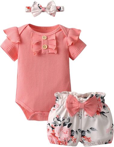 Newborn Infant Baby Girl Clothes Ruffle Short Sleeve Romper and Floral Shorts with Headband 3PCS Set in Saudi Arabia