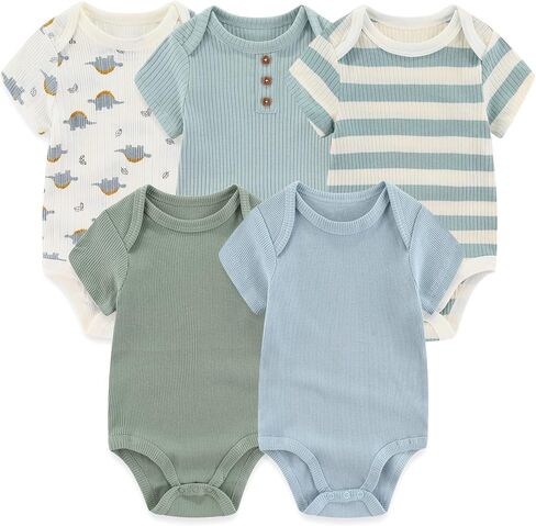 MAMIMAKA Newborn Baby Short Sleeve Bodysuit Cotton One-Piece Baby Clothes 5-Pack, 0-12 Months in Saudi Arabia