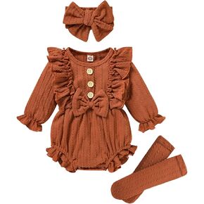 GRNSHTS Newborn Baby Girl Clothes Ruffle Solid Sweater Long Sleeve Romper+Hairband+Socks 3Pcs Fall Winter Outfits in Kuwait