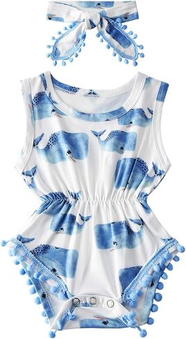 UNICOMIDEA بدلة قطعة واحدة للفتيات الصغيرات حديثي الولادة بدون أكمام من قطعة واحدة بوم بوم مع عصابة رأس 0-24 شهرًا in Kuwait