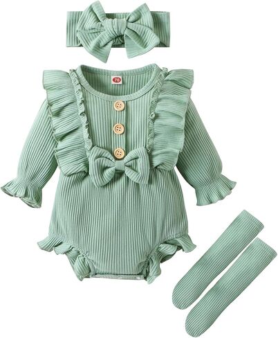 GRNSHTS Newborn Baby Girl Clothes Ruffle Solid Sweater Long Sleeve Romper+Hairband+Socks 3Pcs Fall Winter Outfits in Saudi Arabia