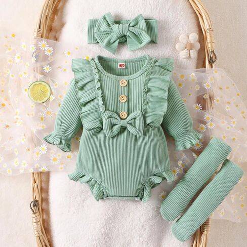 GRNSHTS Newborn Baby Girl Clothes Ruffle Solid Sweater Long Sleeve Romper+Hairband+Socks 3Pcs Fall Winter Outfits in Saudi Arabia