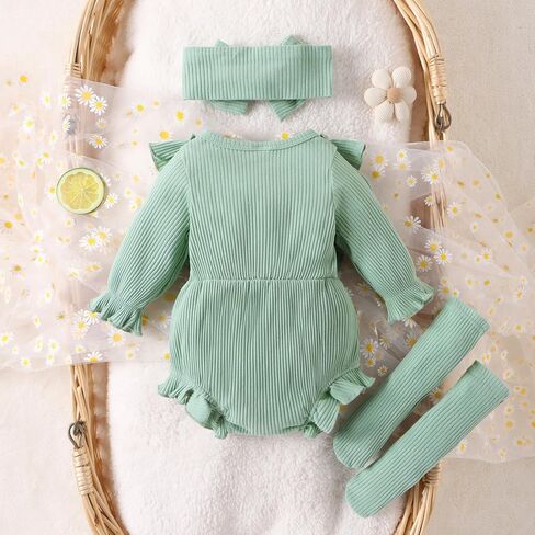 GRNSHTS Newborn Baby Girl Clothes Ruffle Solid Sweater Long Sleeve Romper+Hairband+Socks 3Pcs Fall Winter Outfits in Saudi Arabia