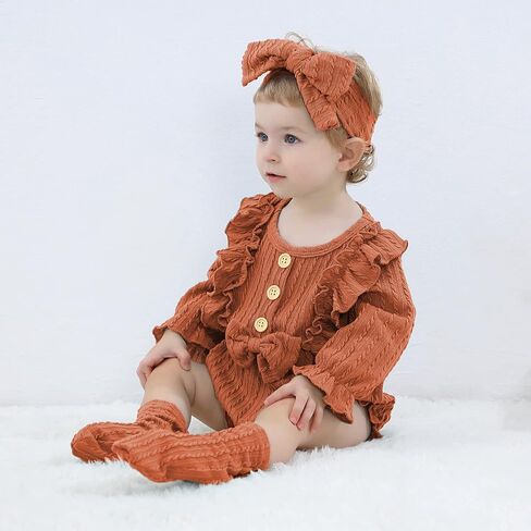 GRNSHTS Newborn Baby Girl Clothes Ruffle Solid Sweater Long Sleeve Romper+Hairband+Socks 3Pcs Fall Winter Outfits in Saudi Arabia