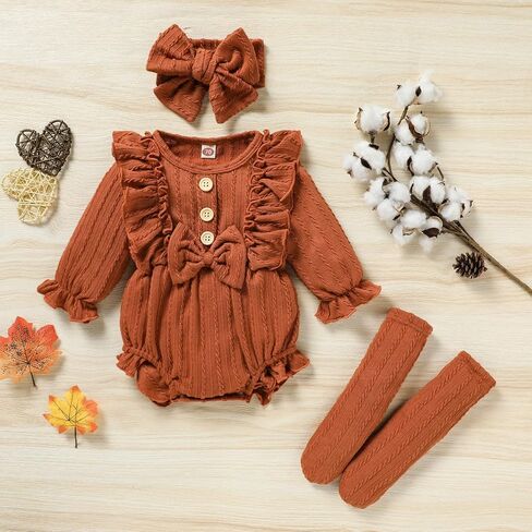 GRNSHTS Newborn Baby Girl Clothes Ruffle Solid Sweater Long Sleeve Romper+Hairband+Socks 3Pcs Fall Winter Outfits in Saudi Arabia