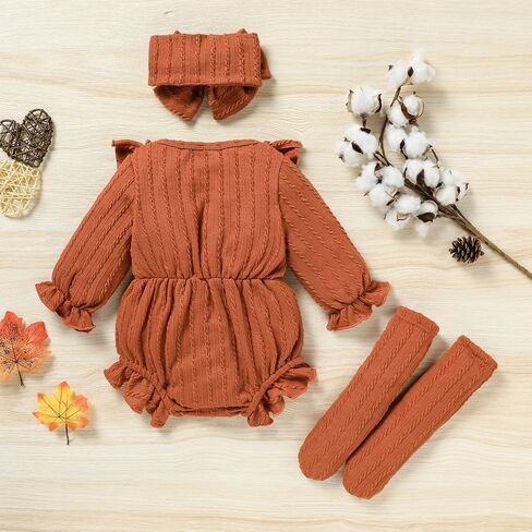 GRNSHTS Newborn Baby Girl Clothes Ruffle Solid Sweater Long Sleeve Romper+Hairband+Socks 3Pcs Fall Winter Outfits in Saudi Arabia