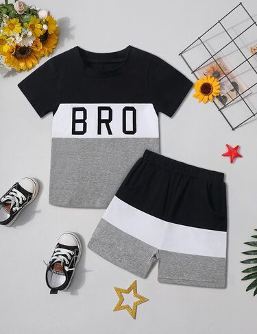 ملابس Ribabz للأطفال الصغار، ملابس للأولاد، تي شيرت صيفي بأكمام قصيرة مطبوع عليه حروف + سروال قصير مكون من قطعتين in Kuwait