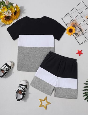 ملابس Ribabz للأطفال الصغار، ملابس للأولاد، تي شيرت صيفي بأكمام قصيرة مطبوع عليه حروف + سروال قصير مكون من قطعتين in Kuwait