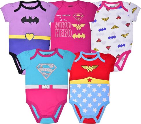 WARNER BROS DC Comics Girls’ Short Sleeve Bodysuit 5 Pack for Newborn and Infant – Purple/Pink/White/Blue/Red in Saudi Arabia