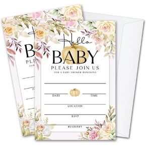 Fall Little Pumpkin Baby Shower Hello Baby Invitations Sweet Pumpkin, Fall Leaves, Autumn Theme, Pack of 20 Fill-in Invitation Cards & 20 Envelopes, 4''X6'', Gender Reveal Neutral - JY041 in Kuwait