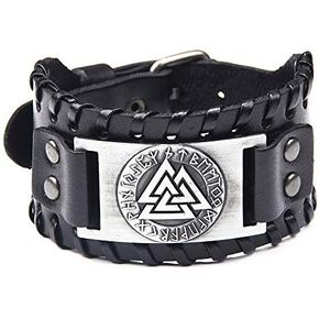 Juland Punk Braided Rope Alloy Bracelet Bangle Wristband Genuine Leather Bracelet Mens Leather Cuff Bracelet Viking Totem Wristbands Wide Cuff Leather Wrap Adjustable - Black in Kuwait