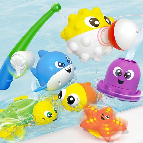JOYIN Baby Bath Toy Set - Magnetic Fishing Toy with Fishing Rod, Wind-up Shark and Turtle, Mold-Free Soft Puffer & Clown Fish, Spinning Octopus and Starfish - Sensory Development for Infants & Toddler in Saudi Arabia