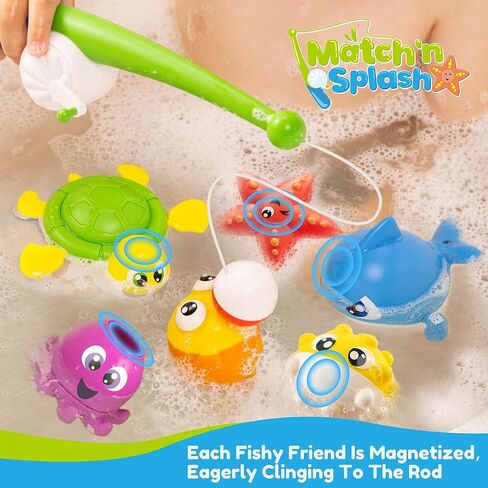 JOYIN Baby Bath Toy Set - Magnetic Fishing Toy with Fishing Rod, Wind-up Shark and Turtle, Mold-Free Soft Puffer & Clown Fish, Spinning Octopus and Starfish - Sensory Development for Infants & Toddler in Saudi Arabia