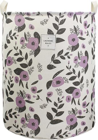 Collapsible Laundry Basket, Floral Printing Large Laundry Hamper for Baby Girls Kids Toys Clothes Organizer Foldable Storage Bin Waterproof Canvas Nursery Storage Basket with Handles (Purple) in Saudi Arabia