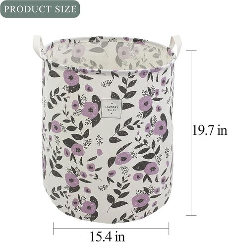 Collapsible Laundry Basket, Floral Printing Large Laundry Hamper for Baby Girls Kids Toys Clothes Organizer Foldable Storage Bin Waterproof Canvas Nursery Storage Basket with Handles (Purple) in Saudi Arabia