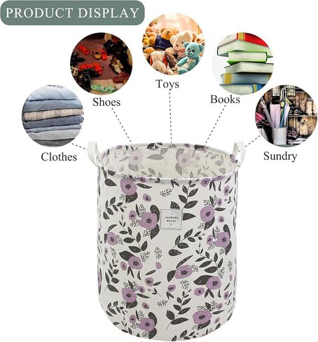 Collapsible Laundry Basket, Floral Printing Large Laundry Hamper for Baby Girls Kids Toys Clothes Organizer Foldable Storage Bin Waterproof Canvas Nursery Storage Basket with Handles (Purple) in Saudi Arabia