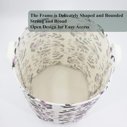 Collapsible Laundry Basket, Floral Printing Large Laundry Hamper for Baby Girls Kids Toys Clothes Organizer Foldable Storage Bin Waterproof Canvas Nursery Storage Basket with Handles (Purple) in Saudi Arabia