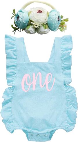 BGFKS Ruffle Sleeve Romper for Baby Girl, Toddler Girls 1st Birthday Bodysuit with Flower Headband. in Saudi Arabia