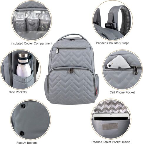 Baby Essentials Fisher-Price Signature Morgan Quilted Backpack Diaper Bag with Changing Pad, Stroller Clips, Laptop Compartment (Gray) in Kuwait