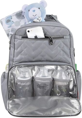 Baby Essentials Fisher-Price Signature Morgan Quilted Backpack Diaper Bag with Changing Pad, Stroller Clips, Laptop Compartment (Gray) in Kuwait