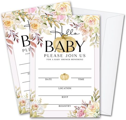 Fall Little Pumpkin Baby Shower Hello Baby Invitations Sweet Pumpkin, Fall Leaves, Autumn Theme, Pack of 20 Fill-in Invitation Cards & 20 Envelopes, 4''X6'', Gender Reveal Neutral - JY041 in Kuwait