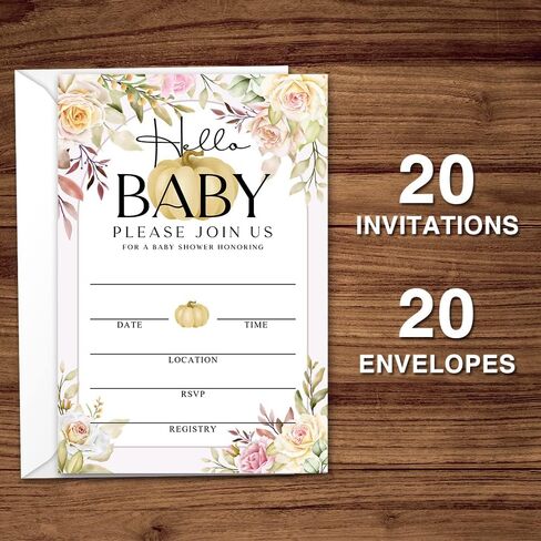 Fall Little Pumpkin Baby Shower Hello Baby Invitations Sweet Pumpkin, Fall Leaves, Autumn Theme, Pack of 20 Fill-in Invitation Cards & 20 Envelopes, 4''X6'', Gender Reveal Neutral - JY041 in Kuwait