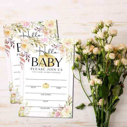 Fall Little Pumpkin Baby Shower Hello Baby Invitations Sweet Pumpkin, Fall Leaves, Autumn Theme, Pack of 20 Fill-in Invitation Cards & 20 Envelopes, 4''X6'', Gender Reveal Neutral - JY041 in Kuwait