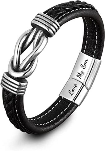Mother and Son Forever Linked Together Braided Leather Bracelet, Men's Stainless Braided Leather Bracelet Bangle Wristband,Inspirational birthday gift from mom to son in Saudi Arabia
