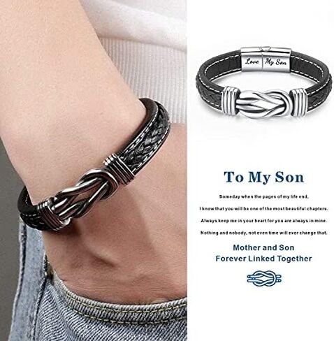 Mother and Son Forever Linked Together Braided Leather Bracelet, Men's Stainless Braided Leather Bracelet Bangle Wristband,Inspirational birthday gift from mom to son in Saudi Arabia