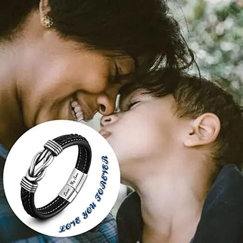Mother and Son Forever Linked Together Braided Leather Bracelet, Men's Stainless Braided Leather Bracelet Bangle Wristband,Inspirational birthday gift from mom to son in Saudi Arabia