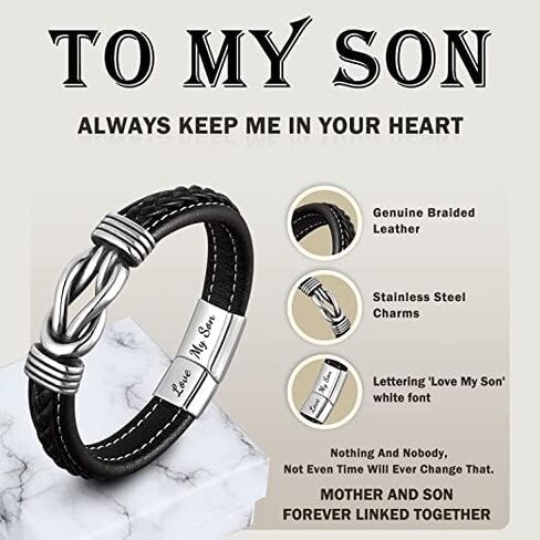 Mother and Son Forever Linked Together Braided Leather Bracelet, Men's Stainless Braided Leather Bracelet Bangle Wristband,Inspirational birthday gift from mom to son in Saudi Arabia