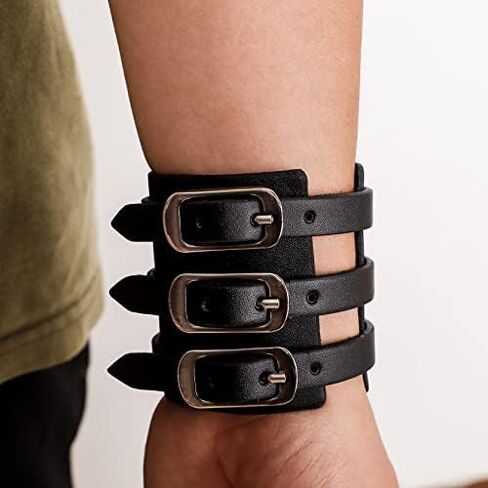 Eigso 2Pcs Pu Leather Bracelets Hip-hop Punk Rock Cuff No Spike Gothic Wrist Band Pair Black for Men in Saudi Arabia