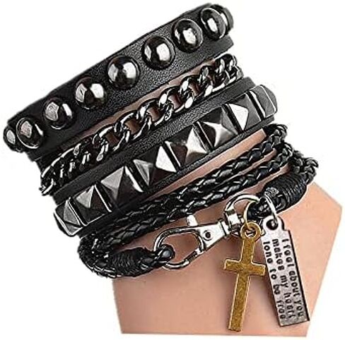Perfect 4U Rivet Bracelet Multilayer Black Leather Cuff Heart Pendant Bangle Studded Chain Wrist Punk Sports Rock Bracelet Adjustable (Cross Black) in Saudi Arabia