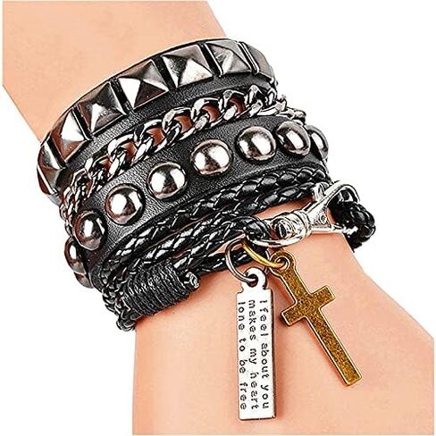 Perfect 4U Rivet Bracelet Multilayer Black Leather Cuff Heart Pendant Bangle Studded Chain Wrist Punk Sports Rock Bracelet Adjustable (Cross Black) in Saudi Arabia