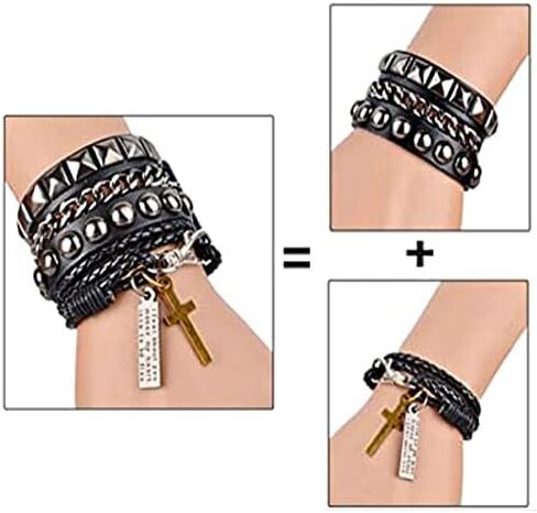 Perfect 4U Rivet Bracelet Multilayer Black Leather Cuff Heart Pendant Bangle Studded Chain Wrist Punk Sports Rock Bracelet Adjustable (Cross Black) in Saudi Arabia