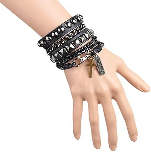 Perfect 4U Rivet Bracelet Multilayer Black Leather Cuff Heart Pendant Bangle Studded Chain Wrist Punk Sports Rock Bracelet Adjustable (Cross Black) in Saudi Arabia