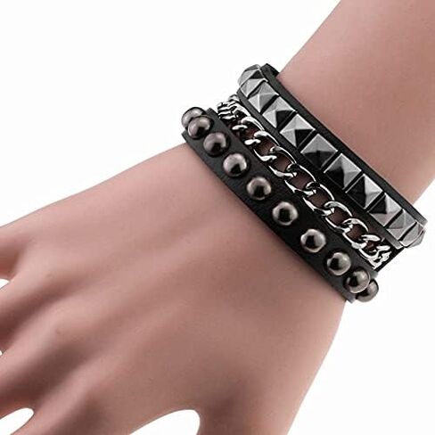 Perfect 4U Rivet Bracelet Multilayer Black Leather Cuff Heart Pendant Bangle Studded Chain Wrist Punk Sports Rock Bracelet Adjustable (Cross Black) in Saudi Arabia