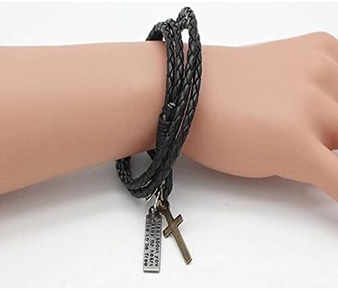 Perfect 4U Rivet Bracelet Multilayer Black Leather Cuff Heart Pendant Bangle Studded Chain Wrist Punk Sports Rock Bracelet Adjustable (Cross Black) in Saudi Arabia