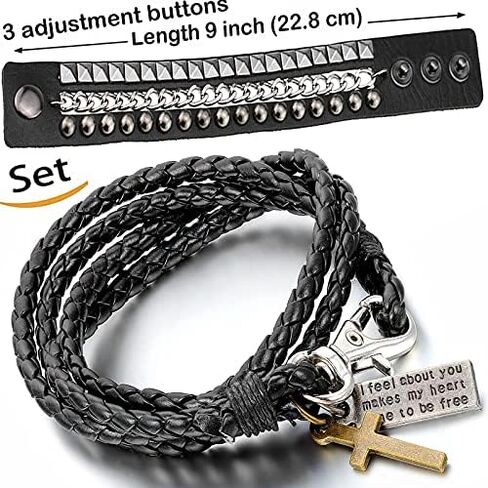Perfect 4U Rivet Bracelet Multilayer Black Leather Cuff Heart Pendant Bangle Studded Chain Wrist Punk Sports Rock Bracelet Adjustable (Cross Black) in Saudi Arabia