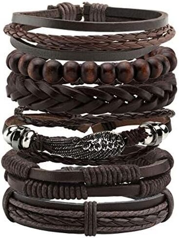Manfnee 6PCS Braided Faux Leather Bracelet Punk Cuff Wrap Bracelets for Men Women Adjustable Brown in Saudi Arabia