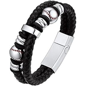 Bestyle Genuine Leather Braided Black Baseball Bead Bracelets for Men Boys, Fashion Wirstband Ball Sport Bracelets Mens Sports Jewelry for Baseball Sprots Fan Maior League Baseball Player in Saudi Arabia