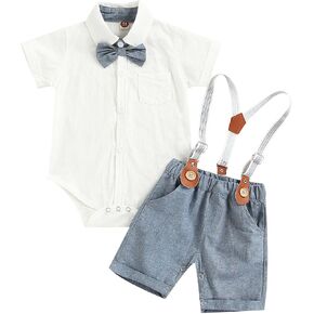 Qiylii Infant Baby Boys Short Sleeve Bowtie Buttons Bodysuit Shirts Suspender Shorts Casual Summer Clothes in Saudi Arabia