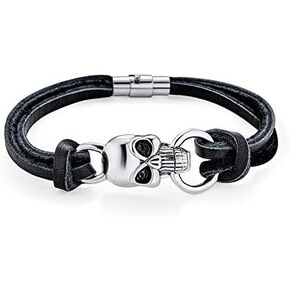 Skulls Crossbones Genuine Black Leather Multi Strand Wrap Stainless Steel Cuff Bracelet for Men for Women Bikers in Saudi Arabia