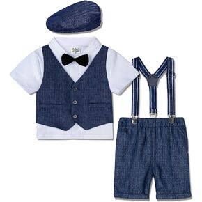 A&J DESIGN 5pcs Toddler Baby Boys Suit Set, 12 Months - 3T, Gentleman Suit Shirt & Shorts & Vest & Hat & Bow Tie in Saudi Arabia