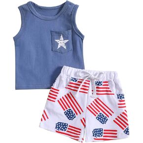 4th of July Toddler Boys Clothes Set Letter Print Tank Top Stars and Stripes Print Shorts Kids Boys Summer 2pcs