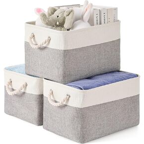 Storage Bins 3 Pack, Fabric Storage Basket for Collapsible Large Canvas Storage Baskets for Organizing Shelf Nursery Home Closet with Cotton Rope Handle 15(L) x 11(W) x 9.5(H) inch(White&Black-3PCS)